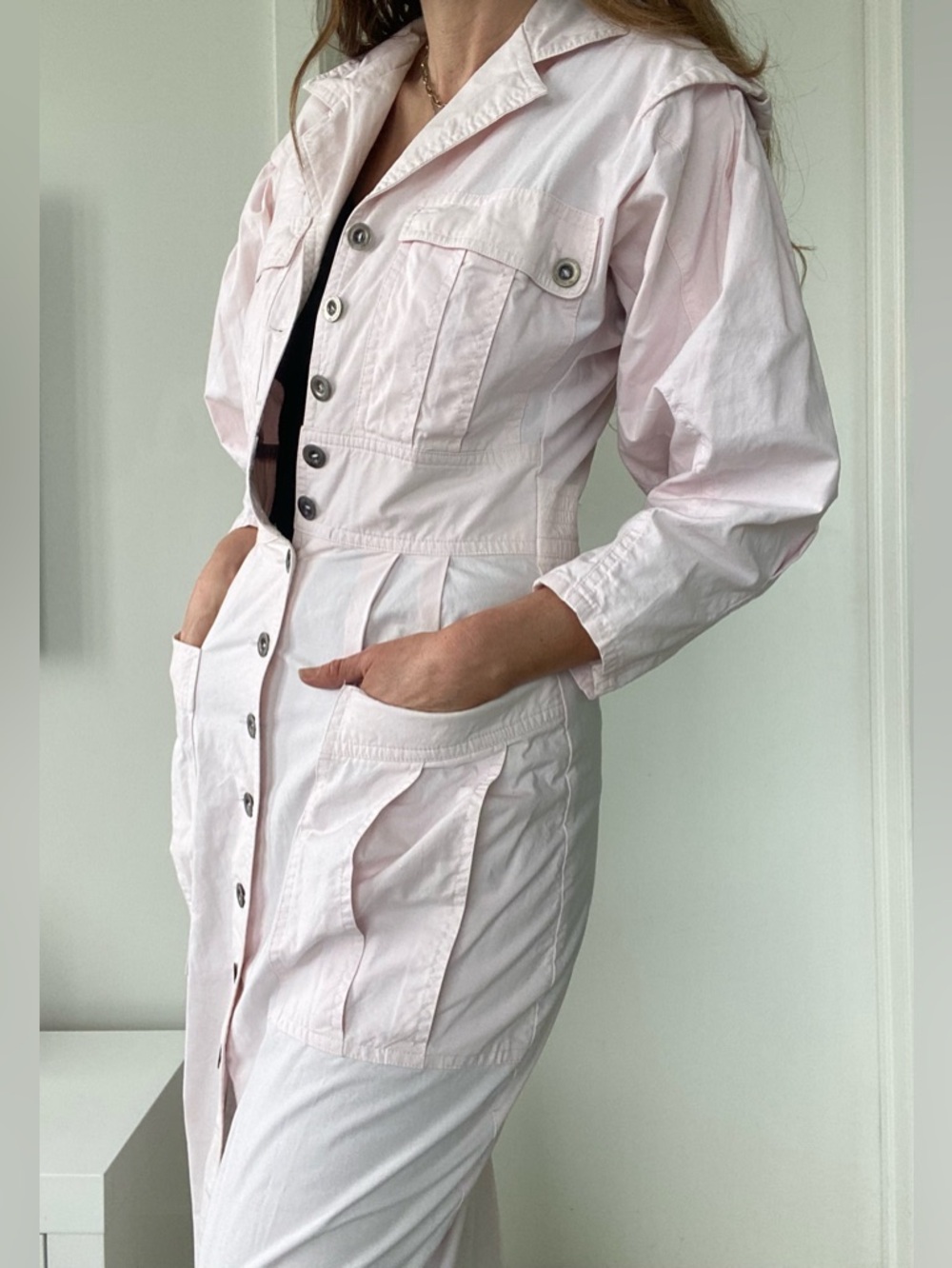 VINTAGE 80’s utility cottage core dress thick 100% cotton light pink S-M
